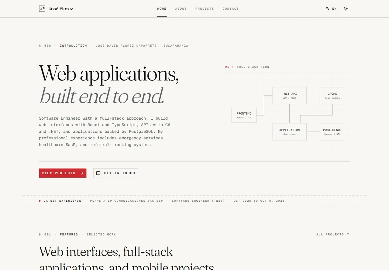 Portfolio React homepage introducing José as a Software Engineer with a full-stack approach.