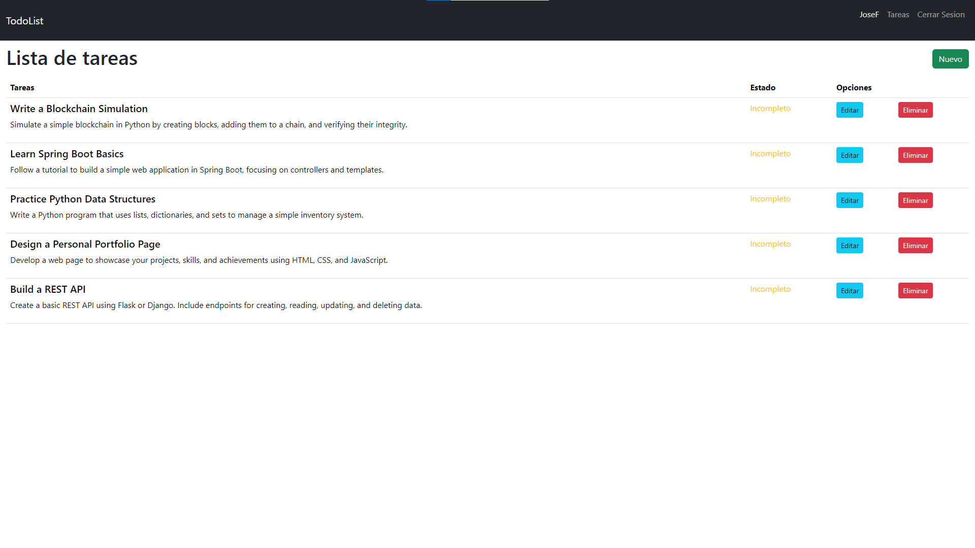 Task list Flask web app screenshot.